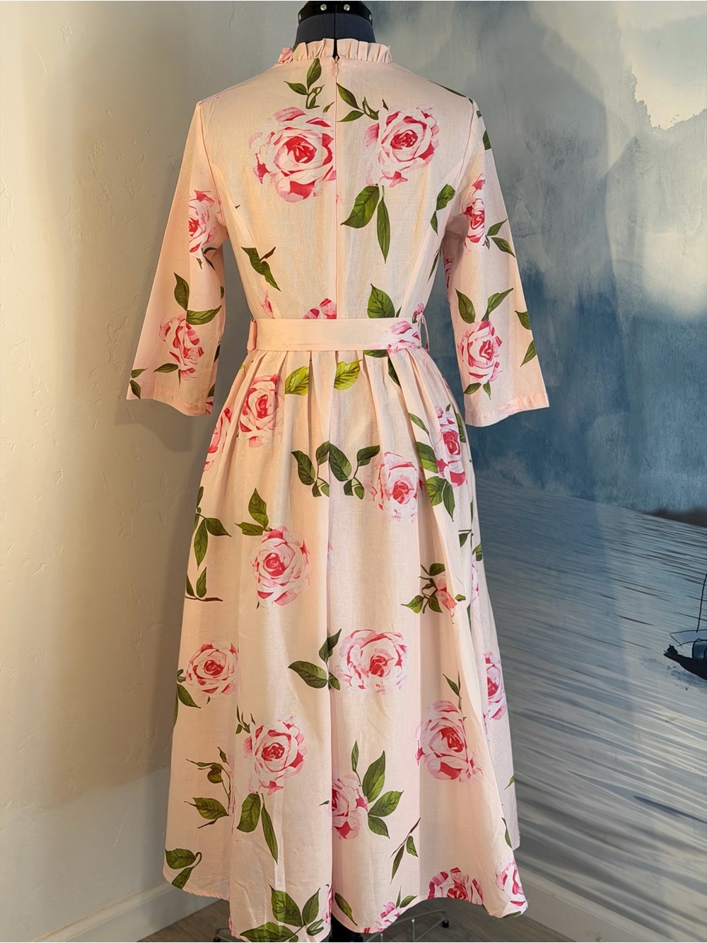 Chillinen / Linen Vibes Pink Rose-Print Midi Dress with Belt # 183 - Picture 6 of 12